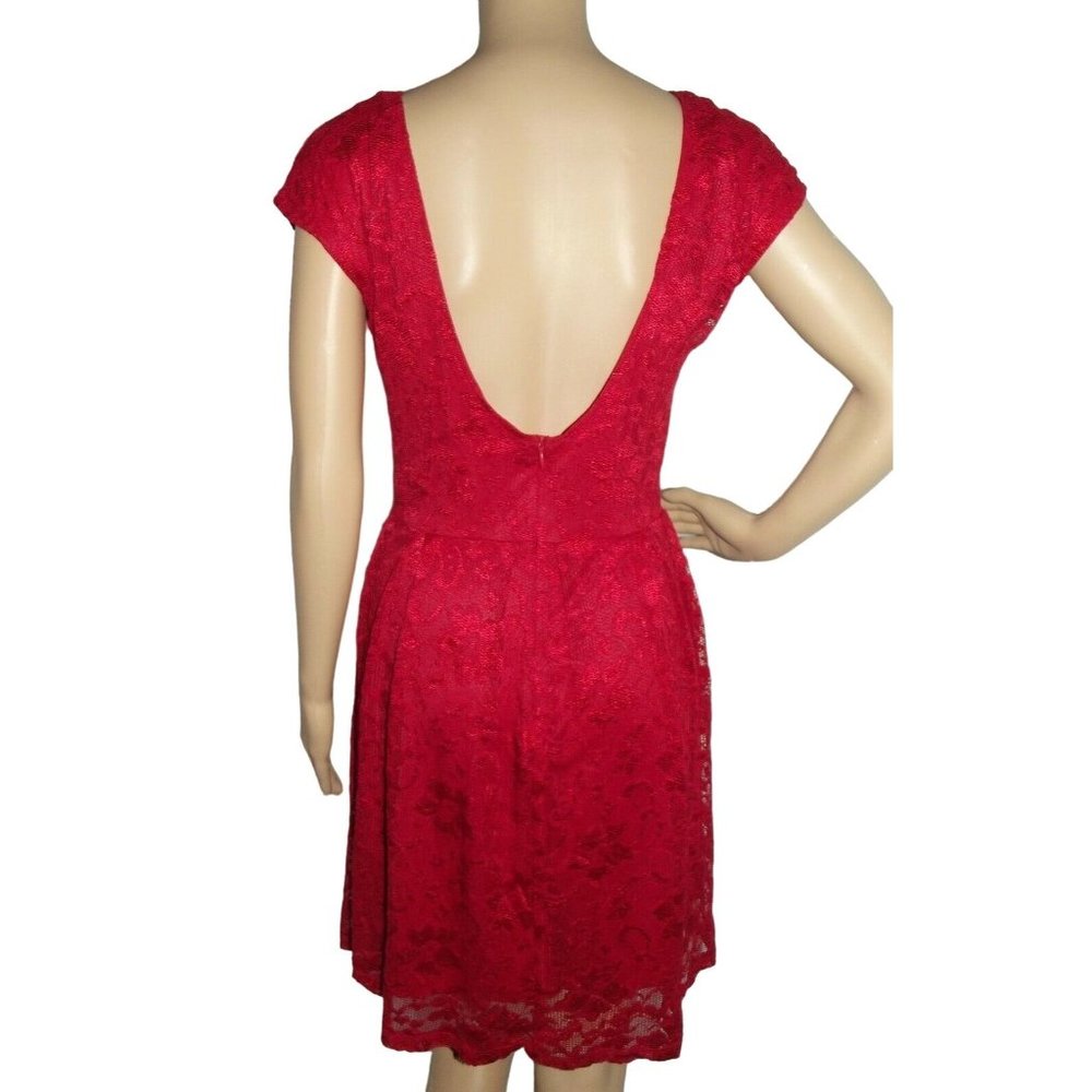TROPICAL WEAR Large Red Lace Cap Sleeve Knee Length Sheath Dress L plunging back